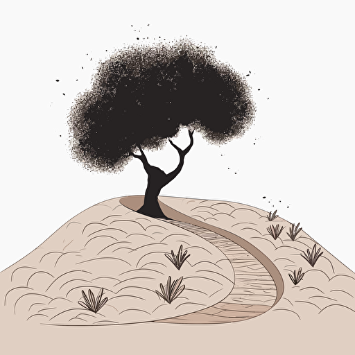 A path leads to a hill with an olive tree on it, the illustration is illustrated with a minimalistic and clean black vector line, the path connects to the trunk of the tree
