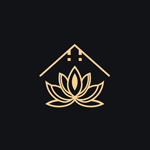 simple geometric iconic logo of a cute house inside a lotus flower, white vector, on black backgroung