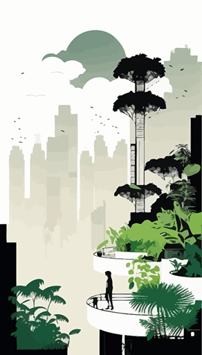 tokyo style rooftops with an urban garden, floating over the white clouds, complete sideview, shilouettes relaxing in the paradise like gardens, manga comic style, vector illustration, simple flat design, simple white background