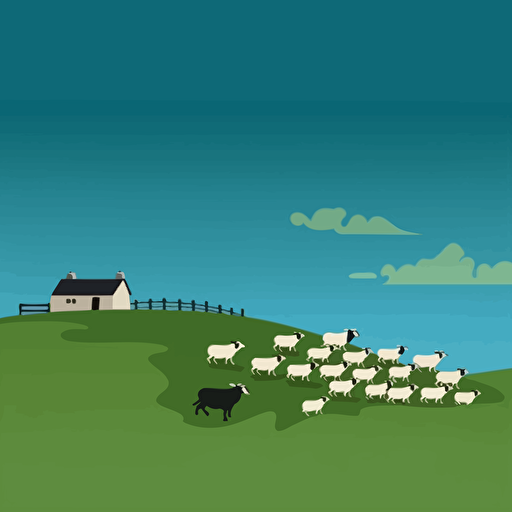 minimalistic sheep farm, border collie herding sheep, green grass, blue sky, vector art