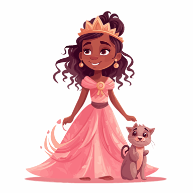 Vector illustration of a cute, adorable, beautiful little black girl princess, with many beautiful braids hairstyle, standing, wearing a beautiful pink long dress and a golden crown on her head, in vivid colors
