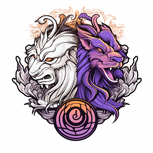 a boho logo of a Chinese dragon next to a Chinese lion, 2d, vector, white, black, and purple, white background