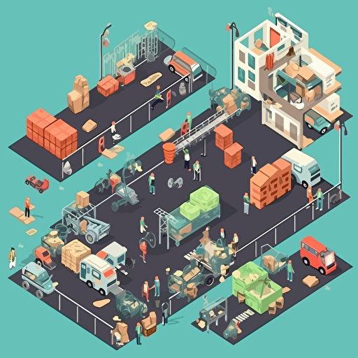 Garbage collection, sorting and recycling isometric flowchart, flat vector illustration