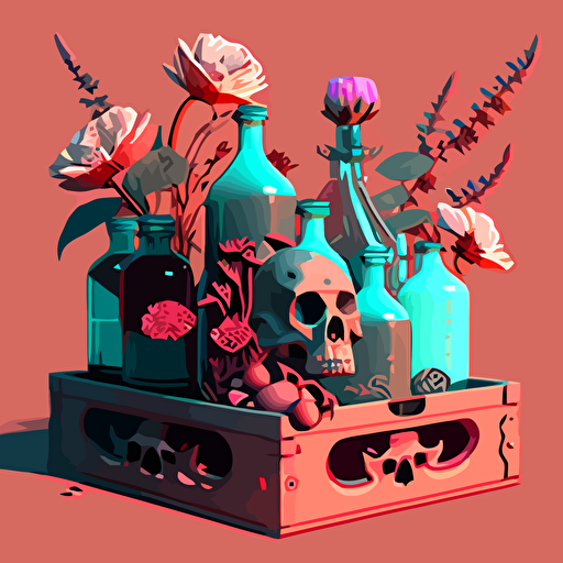 a collection of bottles and flowers on an empty crate, in the style of surreal illustrations, 2D, vectorial illustration, architectural illustrator, light red and cyan, dinocore, videogame, witchy academia