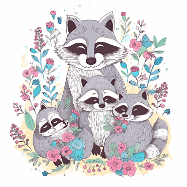 a pastel colored family of racoons on a white background with colorful wildflowers growing around them + detailed doodle style + white background + simple vector + bright pastel colors