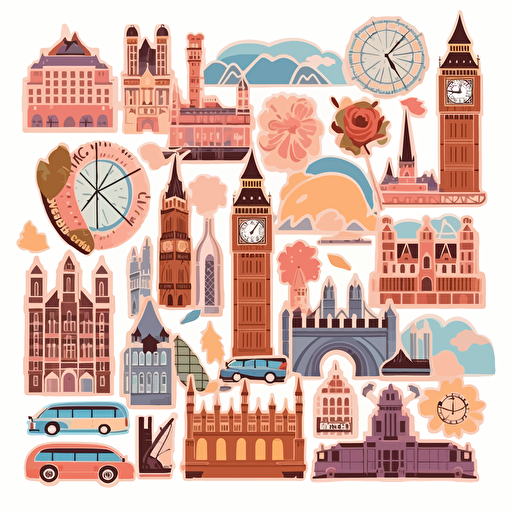a set of stickers paper cutouts for scrapbooking collage UK themed. Vector image of Westminster London, full view, highly quality, no text, illustration, morning light, no text