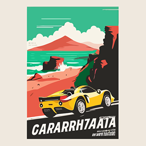 Rally poster. Simple Vector style. fast driving Ferrari Convertible rear view. Sardinia, italy coastal road. Coastline. Mountains. Castelsardo in the distance. Speed. Adventure.
