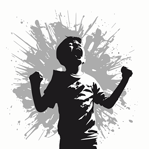 1 boy, Rousing, Victory, gray color, white background, simple design, vector style, white outline over silhouette1 boy, Rousing, Victory, gray color, white background, simple design, vector style, white outline over silhouette