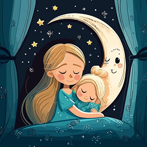 A cute cartoon little girl with long blonde hair and blue eyes being tucked into bed by her pretty Mama. The window is open and the moon and stars can be seen, vector, ar 2:3, illustration
