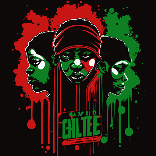 spray splatts in a tribe called quest cover style, red and green on black background, vector illustrated, flat design