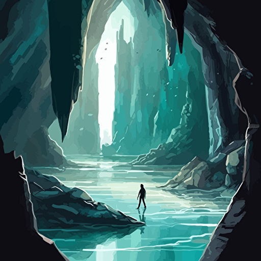 bold vector illustration fantasy art / turqoise and black in color with white accents / a glowing lake inside a cave with a distant light source, there are reflective organic beautiful faceted crystals of all sizes that are the shore of the lake