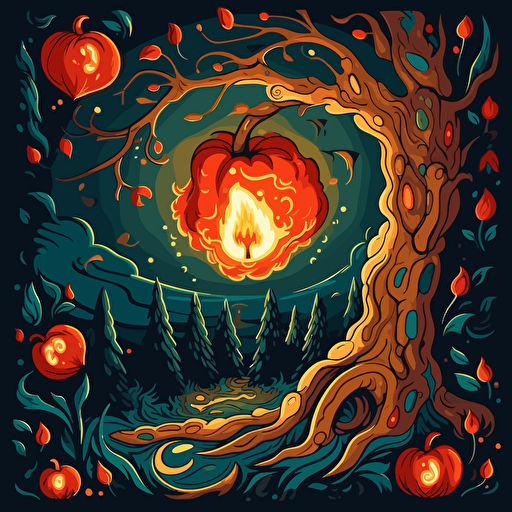 A letter and fire apple in night forest, vector cartoon style