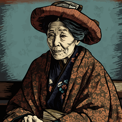 Whistler's Mother in 2d vector art ukiyo-e style