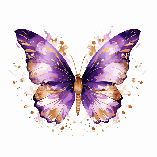 whimsical and cute watercolor butterfly design in purple and gold, vector