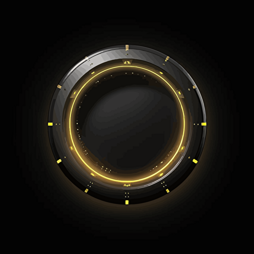 minimalist ring shaped spaceship on black background, 2d vector, gray tones with yellow lights