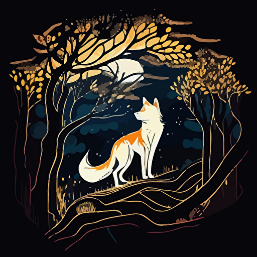 incredible looking kitsune in asain forest at night, vector logo, vector art, emblem, simple cartoon, 2d, no text, white background