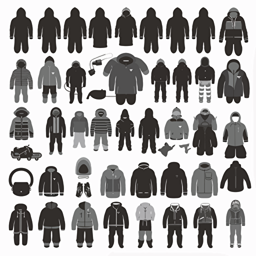 A set of 30 different pictograms consisting of: a pair of shoes, a bagpack, pants, jacket, a beanie, gloves. The collection is meant to be easy to understand with easy shapes. Targetgroup: Kids age 3 to 7, gender-neutral. Specifications of image: Vector-art in 2D. No colors. Black and white only.