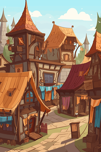 cartoon vector illustration of a group of shops at a renaissance festival with signs, colorful