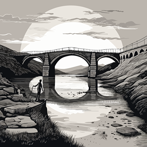 a roman bridge in 2D vector art, black and white