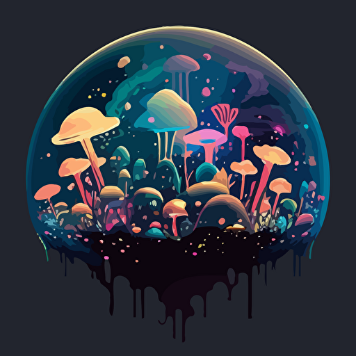 translucent space mushroom planet city,trippy art,vector style,stars,ultra simple,symetrical