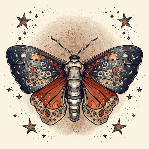 a beautiful moth with a surrounding star design in detailed drawing style + simple vector + bright colors on a white background