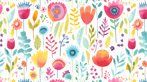 whimsical flower in Watercolor pattern in the style of nursery artwork. Bright, sweet. Highly Detailed, vector, render, intricate, cute, adorable, lovely. Seamless pattern repeat.