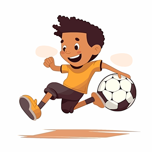 Vector illustration of 9 years old black boy kicking a soccer ball with white background