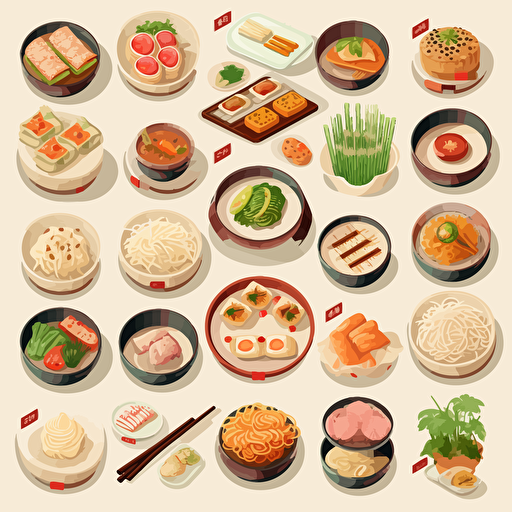 chinese delicious foods 2.5D birdview element designs set, colorful, modern, 2d, stock vector, svg, ai, light color, high quality