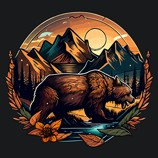 A_coin_emblem_logo_for_a_angry_bear:: mountains in the background, code style, color, vector