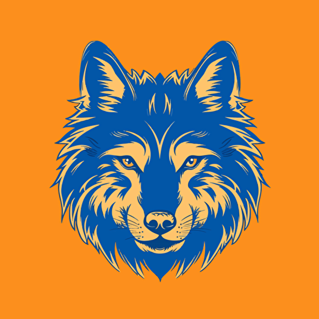 a poster of a blue flat silhouette of a wolf's head on an orange background. All in the style of solid flat vector illustration