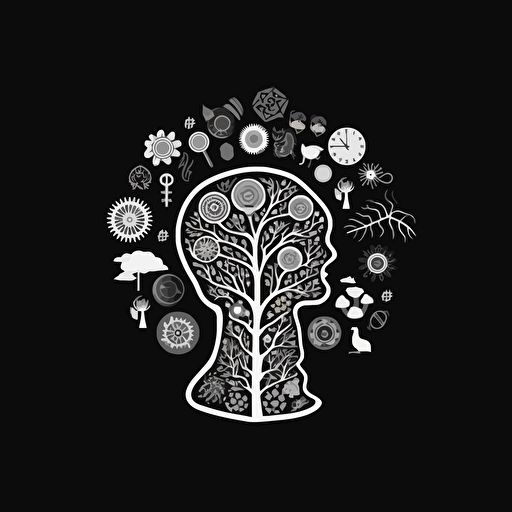 pictorial iconic logo of a healthy mind, white vector, on black backgroung