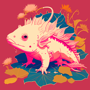 Axolotl 1980s studio ghibli anime, james jean, high resolution, flat vector art, bright colors