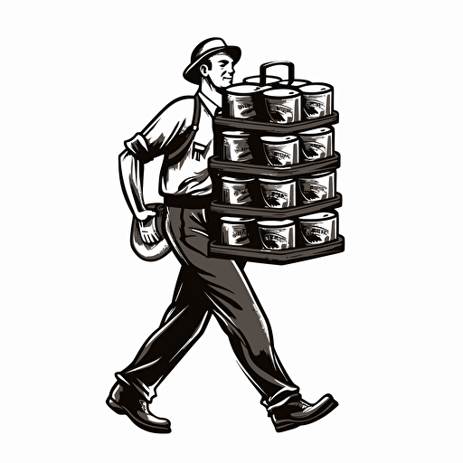Vector image of a man carrying a giant tray of hundreds of pints of beer, logo art, brand logo, black and white, no background,