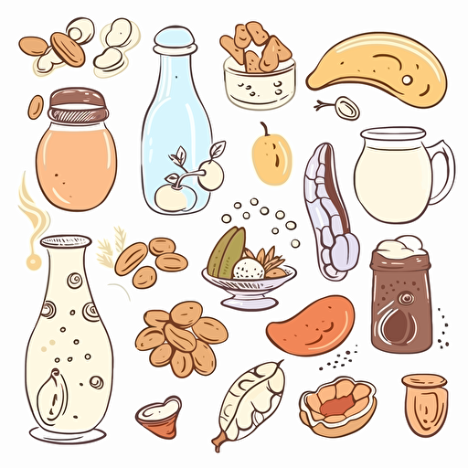 cute cartoon Almond, Cashew, Cod, Egg, Hazelnut, Milk, Oat, and Peanut illustrations, all separated, whimsical, cheerful, bright and colorful, vector, contour, white background