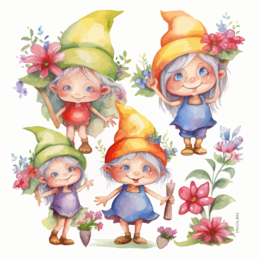 cute elves, flowers, detailed, cartoon style, 2d watercolor clipart vector, creative and imaginative, hd, white background