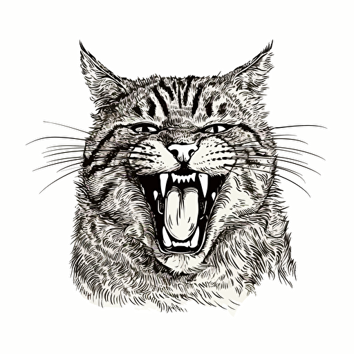 illustration of a cat laughing hard, black ink, vector isolated on white
