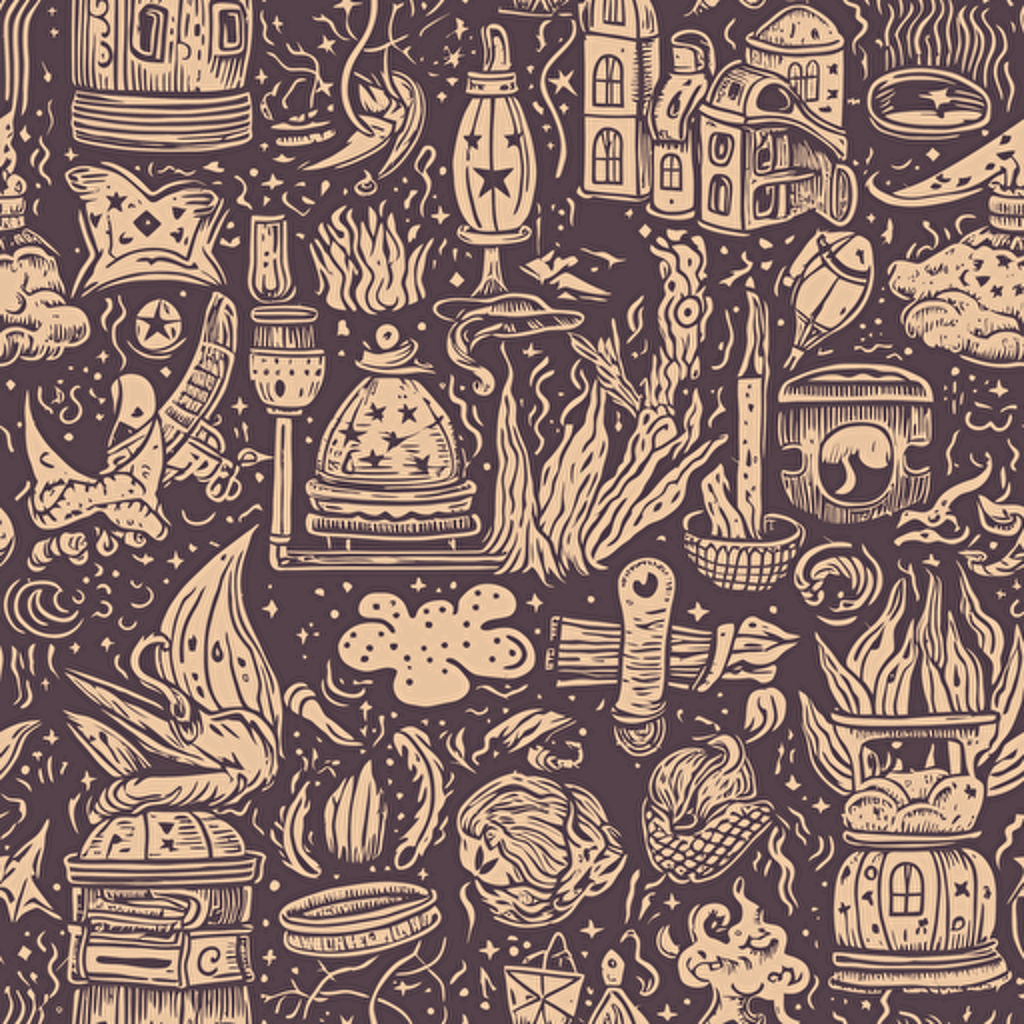 Patern with magical tools( wands, books, owl, cat, snake, lanter, castle, star, boiling Cauldron) , vector