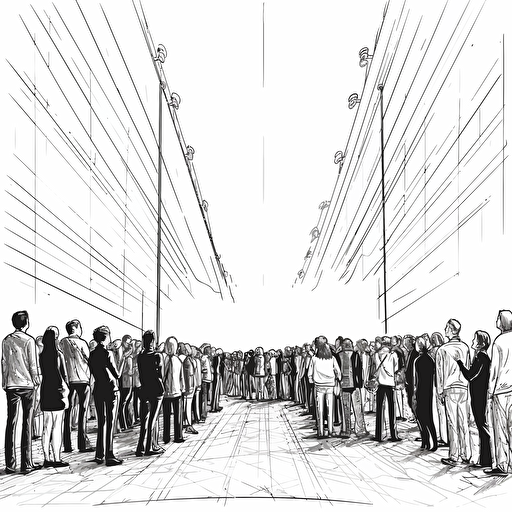 people standing shouting line vector drawing wide shot, wider frame ,wide lensing