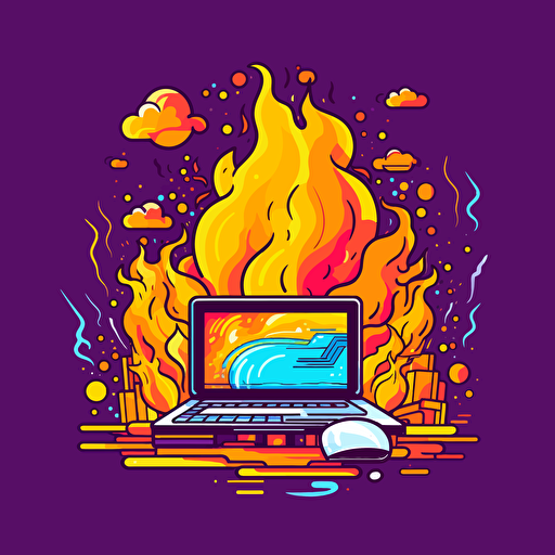 computer fire upbeat cartoon vibrant colors vector illustration