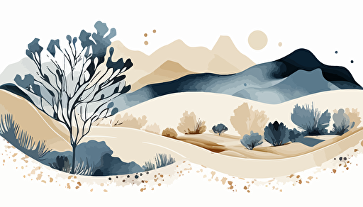 dusty blue and beige watercolour abstract landscape art, Minimalist, vector, contour