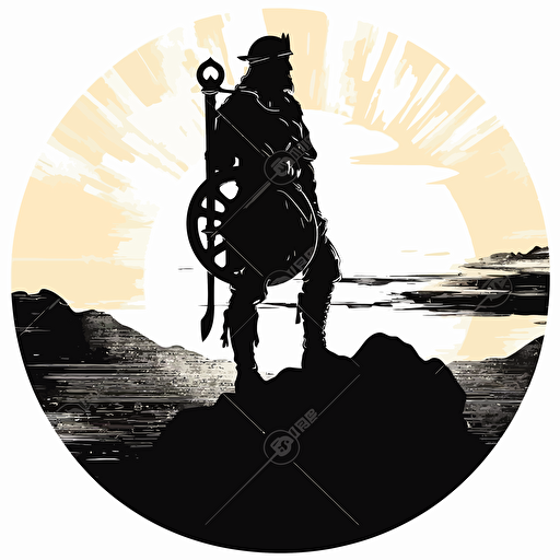 silhouette of a fantasy warrior facing a vast landscape, accurate hands, ideal human proportions, Clipart style art of a viking on a hill set to out on a mission, simplistic features, white background, vector