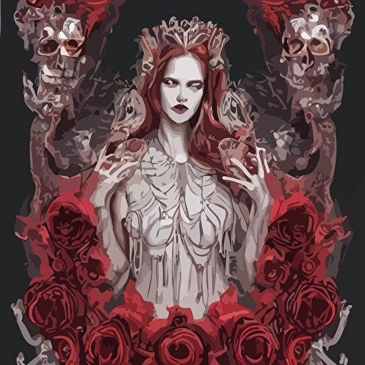 persephone queen underworld oil canvas symmetrical features ominous magical realism texture intricate ornate royally decorated skull skeleton whirling smoke embers red adornements red torn fabric radiant colors fantasy trending artstation volumetric lighting micro details 3d sculpture ray tracing 8k