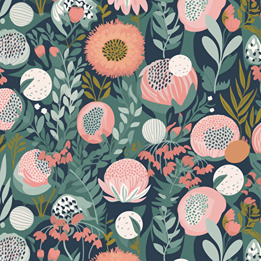 repeating floral vector pattern in the style of rifle paper company using flowers and greenery as well as golf balls, soft pastel colors,