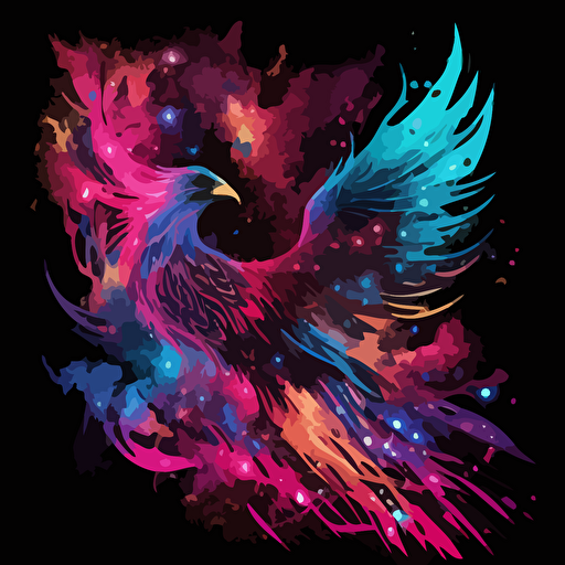 neon pink and blue phoenix rebirthing from the ashes galaxy stars vector illustration consciousness golden light black
