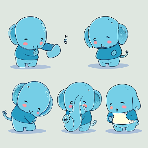 character concept, multiple poses, young little blue elephant playing, children illustration book style, flat , vector based illustration