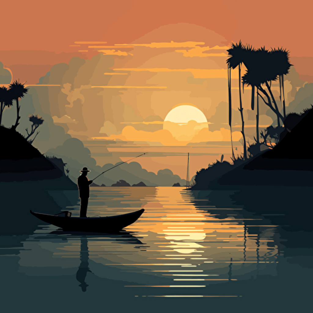 fishing man casting a fishing rod on a boat silhouette, beach background vector illustration, in the style of raphael lacoste, restrained impressionism, uhd image, r. kenton nelson, pensive stillness, high resolution, john mckinstry