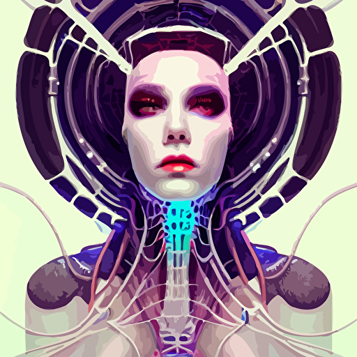 high quality high detailed portrait spider queen cyberpunk character retro futuristic world white porcelain translucent skin hyperrealism intricate details cables wires connectors led tristan eaton victo ngai artgerm rhads ross draws alphonse mucha pastel colors vintage artstation vector gradient 8 k