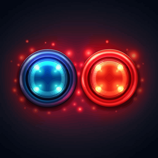 2d game, red and blue button side by side. Glowing, 2d but special effects, vector style