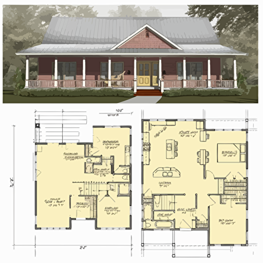 single family home floor plan CAD, 2D,, simple vector drawing, 3 bedroom, 2 bath, 2 car garage, covered rear porch