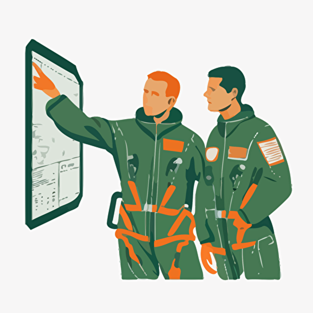 simple vector image of a man in a flight suit teaching another man in a flight suit